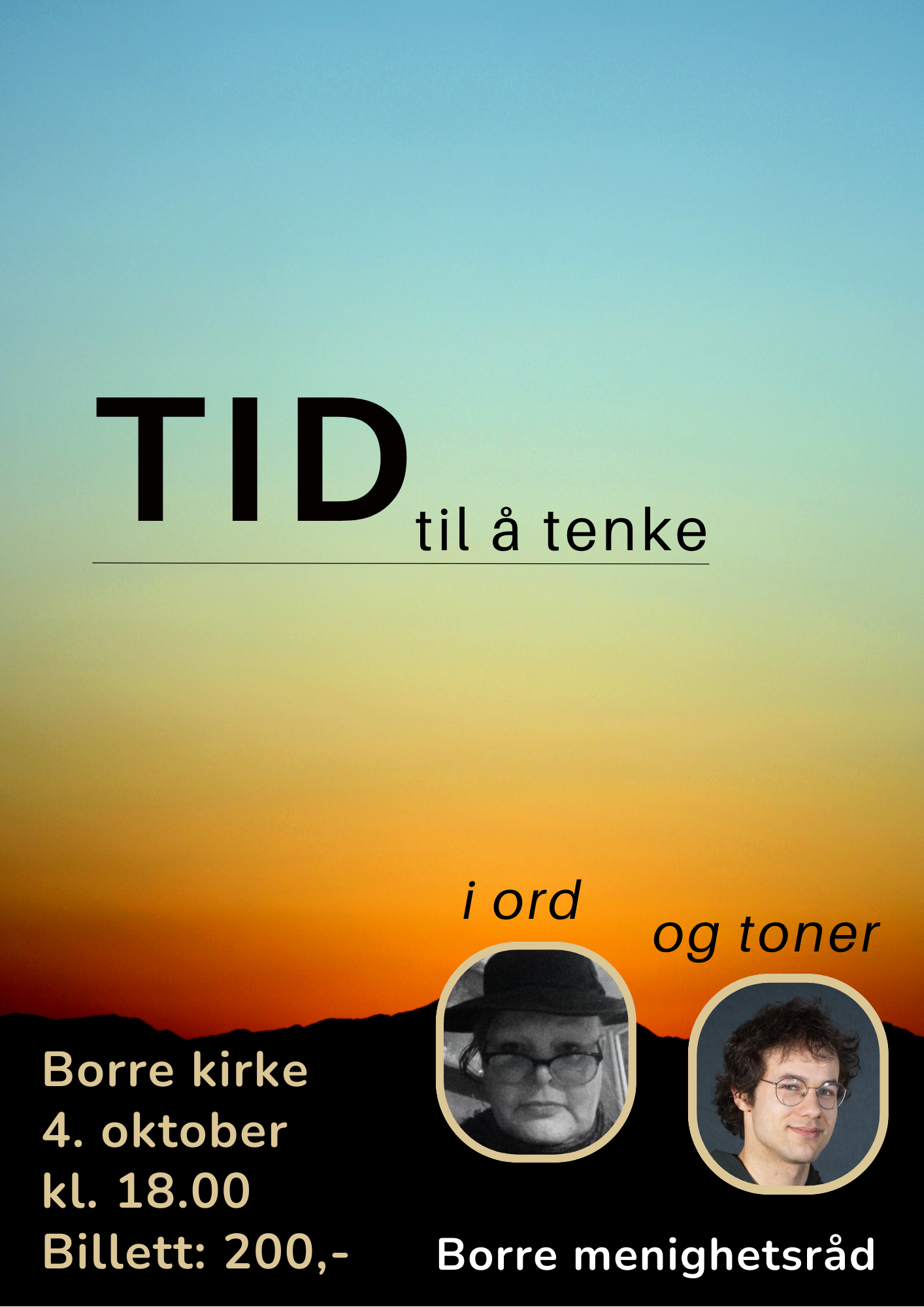 Plakat med himmel etter solnedgang og svarte fjell nederst på bildet, med tekst 