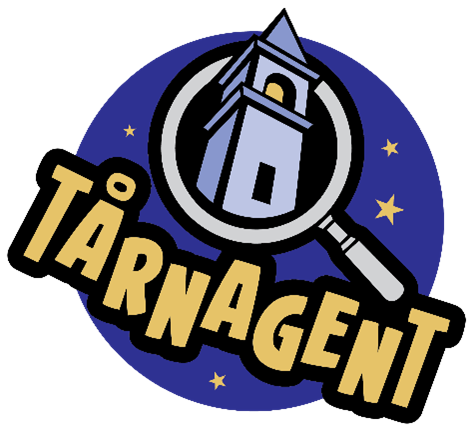 Tegning av et kirketårn under et forstørrelsesglass. 