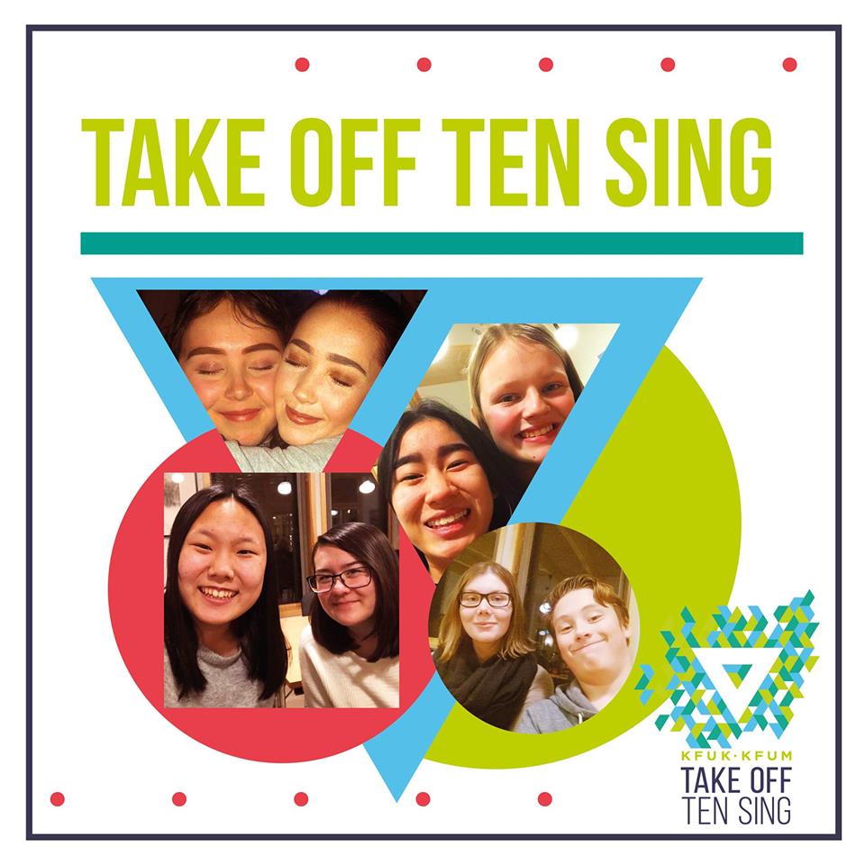 En reklameflyer for Ten Sing med skriften TAKE OFF TEN SING i grønne bokstaver øverst. Bilder av noen av ungdommene inni fargerike geometriske former, og logoen til Take Off Ten Sing nederst i høyre hjørne